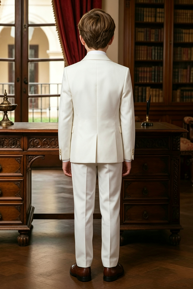 Boys White with Gold Satin Lapel 3-Piece Suit