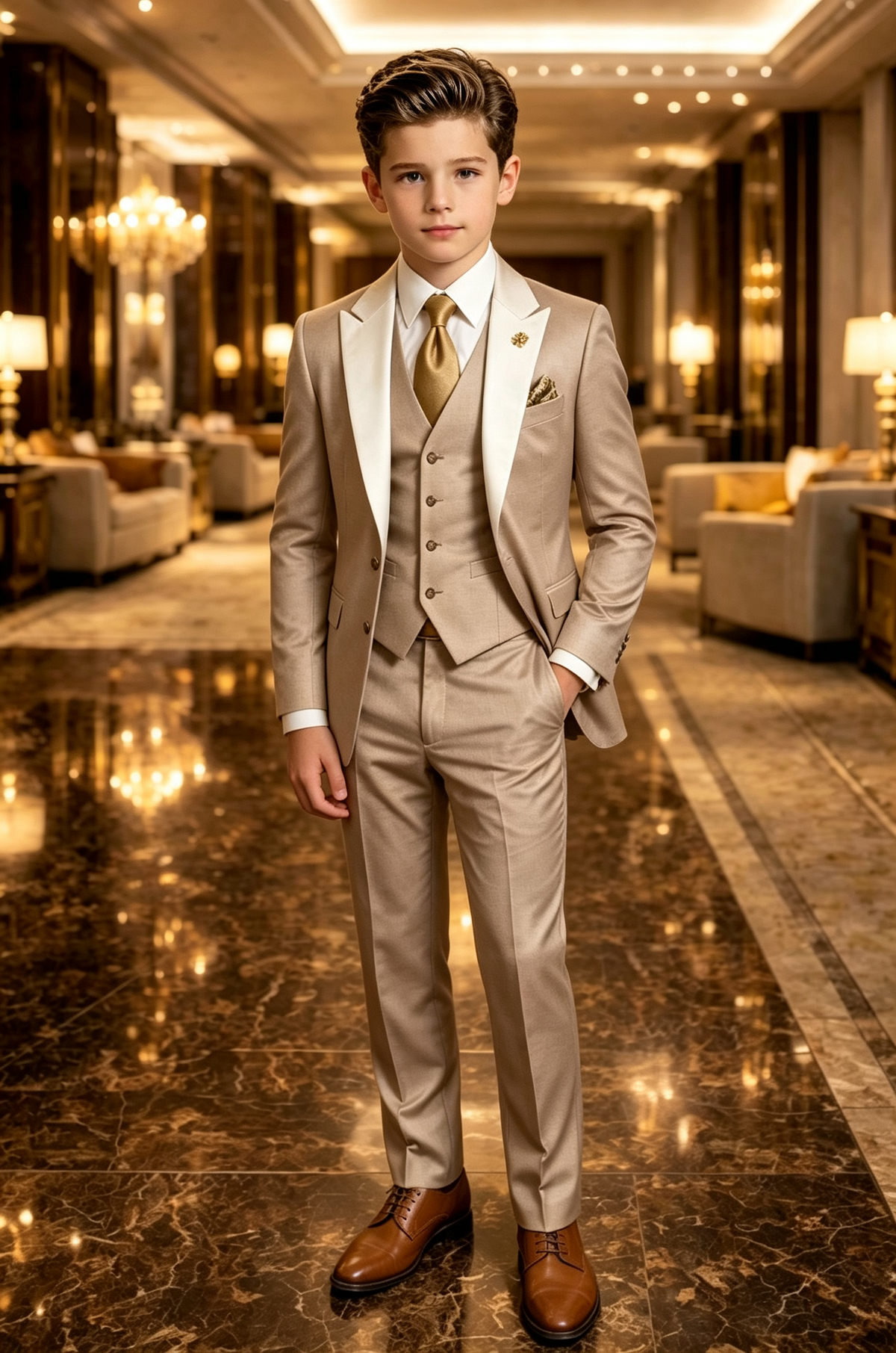 Khaki & White Mix Single Breasted 3-Piece Suit Set