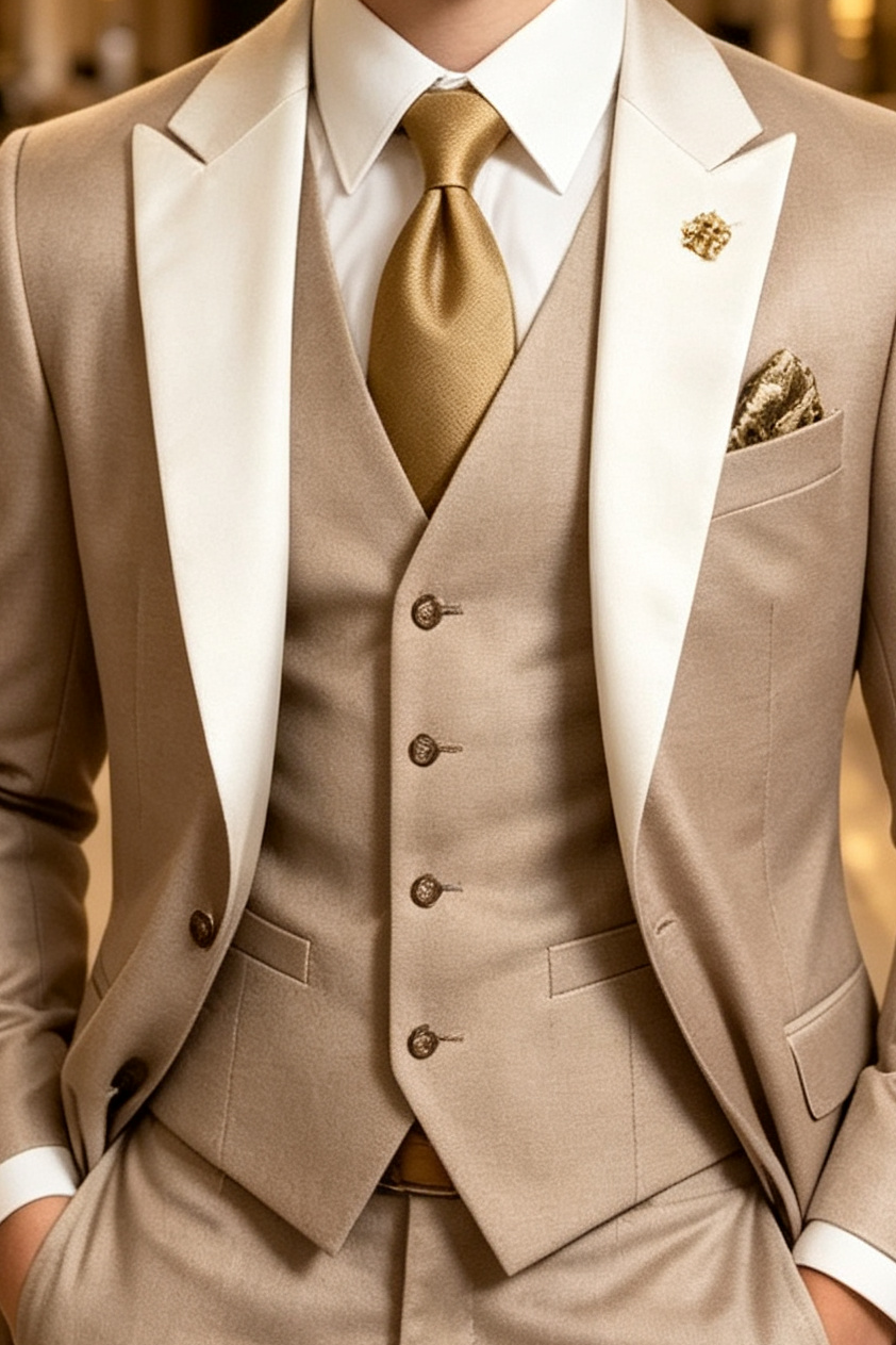 Khaki & White Mix Single Breasted 3-Piece Suit Set