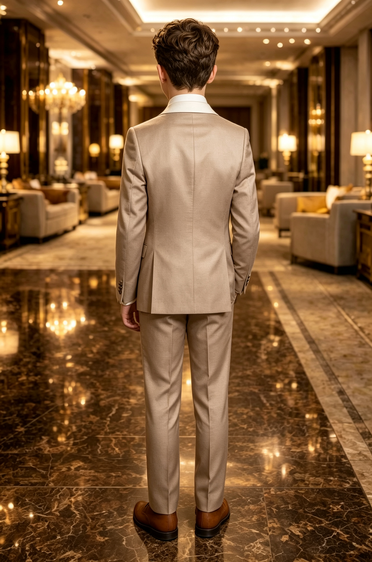 Khaki & White Mix Single Breasted 3-Piece Suit Set