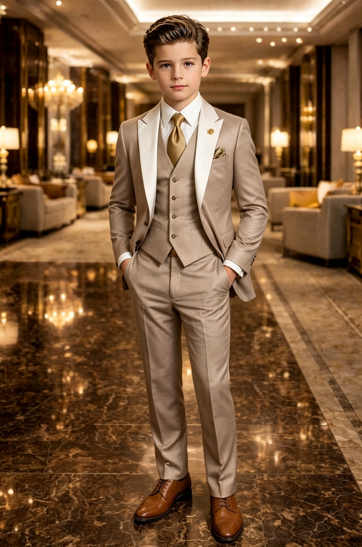 Khaki & White Mix Single Breasted 3-Piece Suit Set