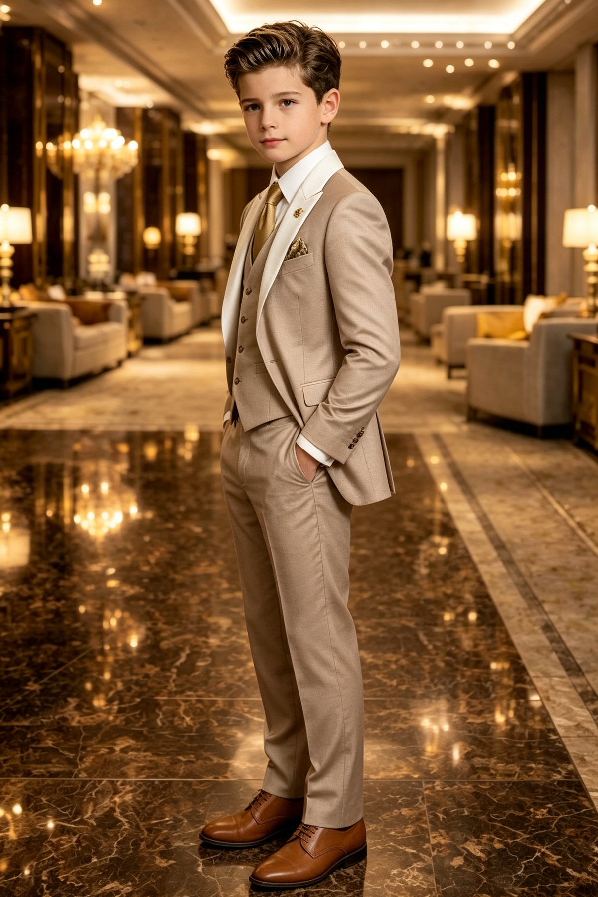 Khaki & White Mix Single Breasted 3-Piece Suit Set