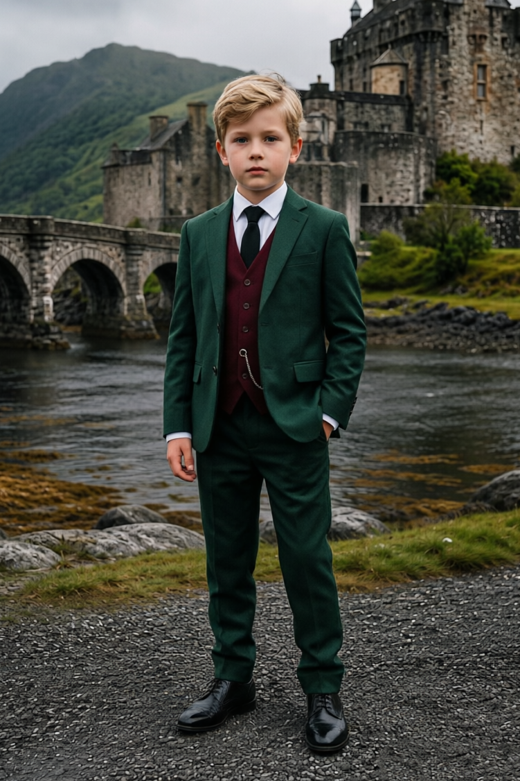 Dark Green & Burgundy Mix Single Breasted 3-Piece Suit Set
