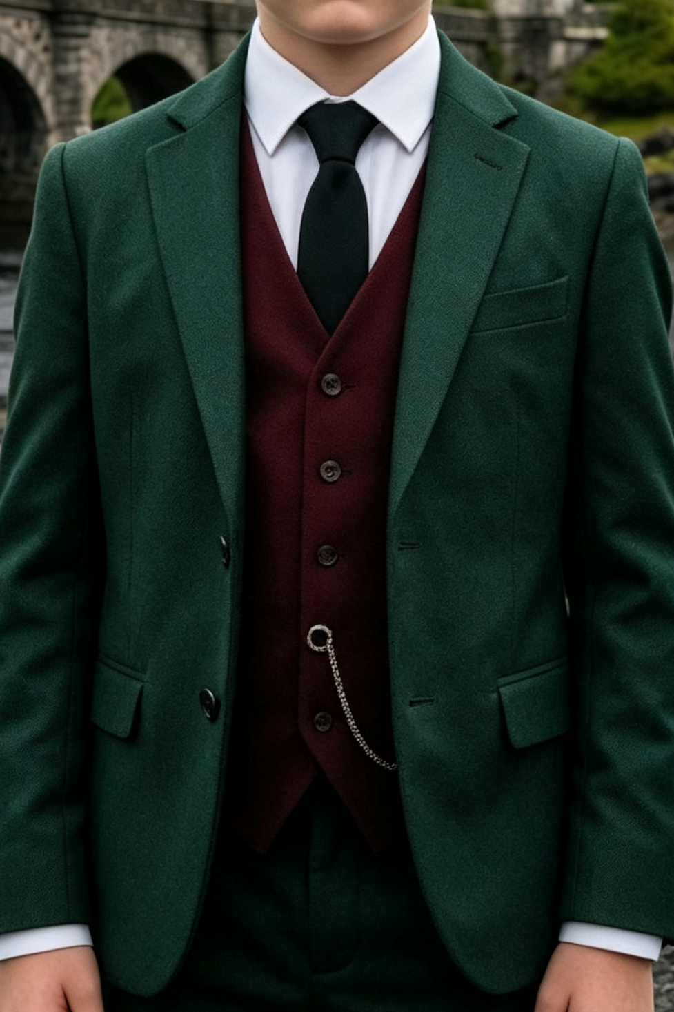 Dark Green & Burgundy Mix Single Breasted 3-Piece Suit Set