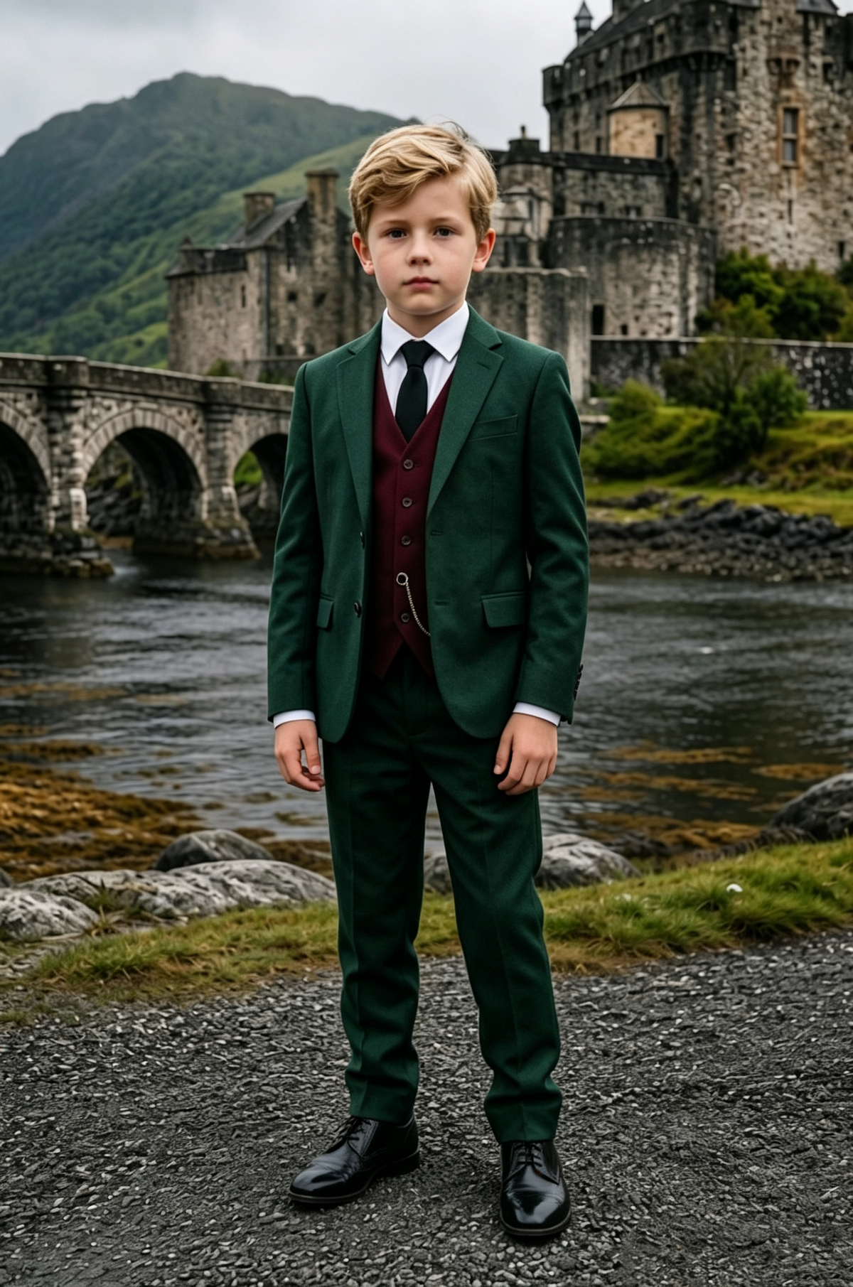 Dark Green & Burgundy Mix Single Breasted 3-Piece Suit Set