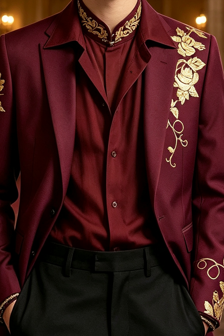 Burgundy & Black Printed Single Breasted 2-Piece Suit Set