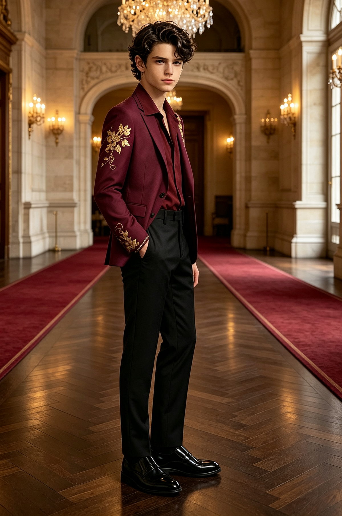Burgundy & Black Printed Single Breasted 2-Piece Suit Set