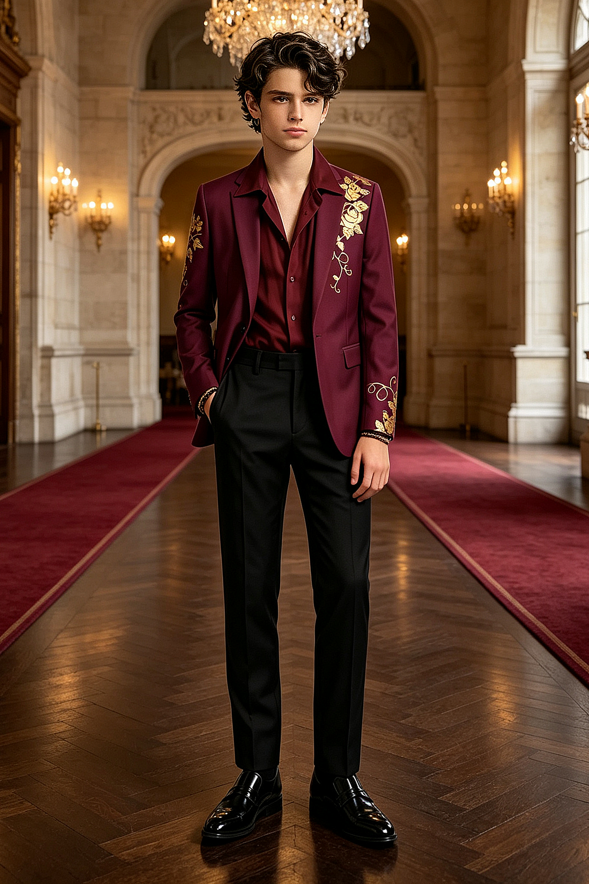 Burgundy & Black Printed Single Breasted 2-Piece Suit Set