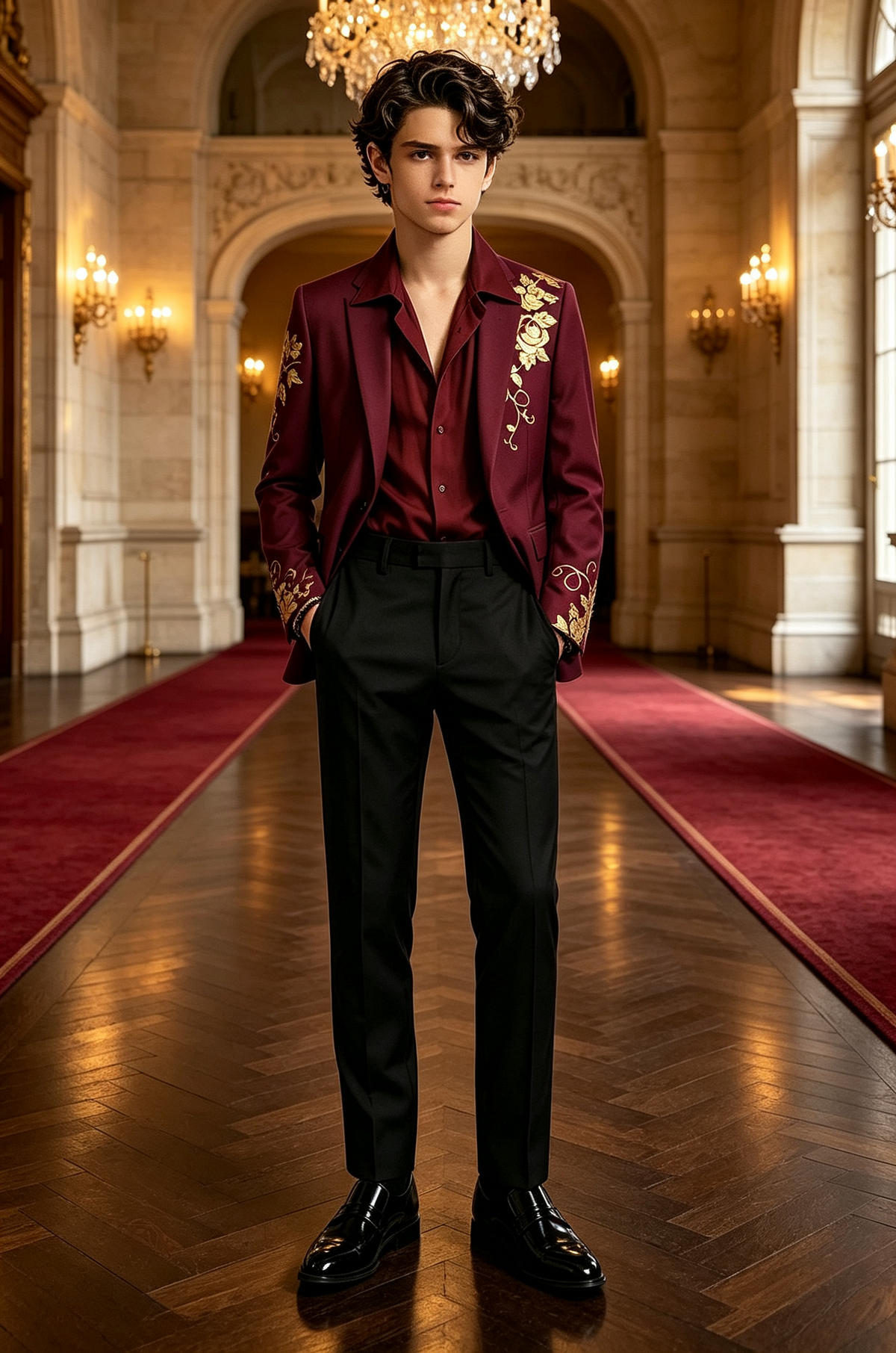 Burgundy & Black Printed Single Breasted 2-Piece Suit Set