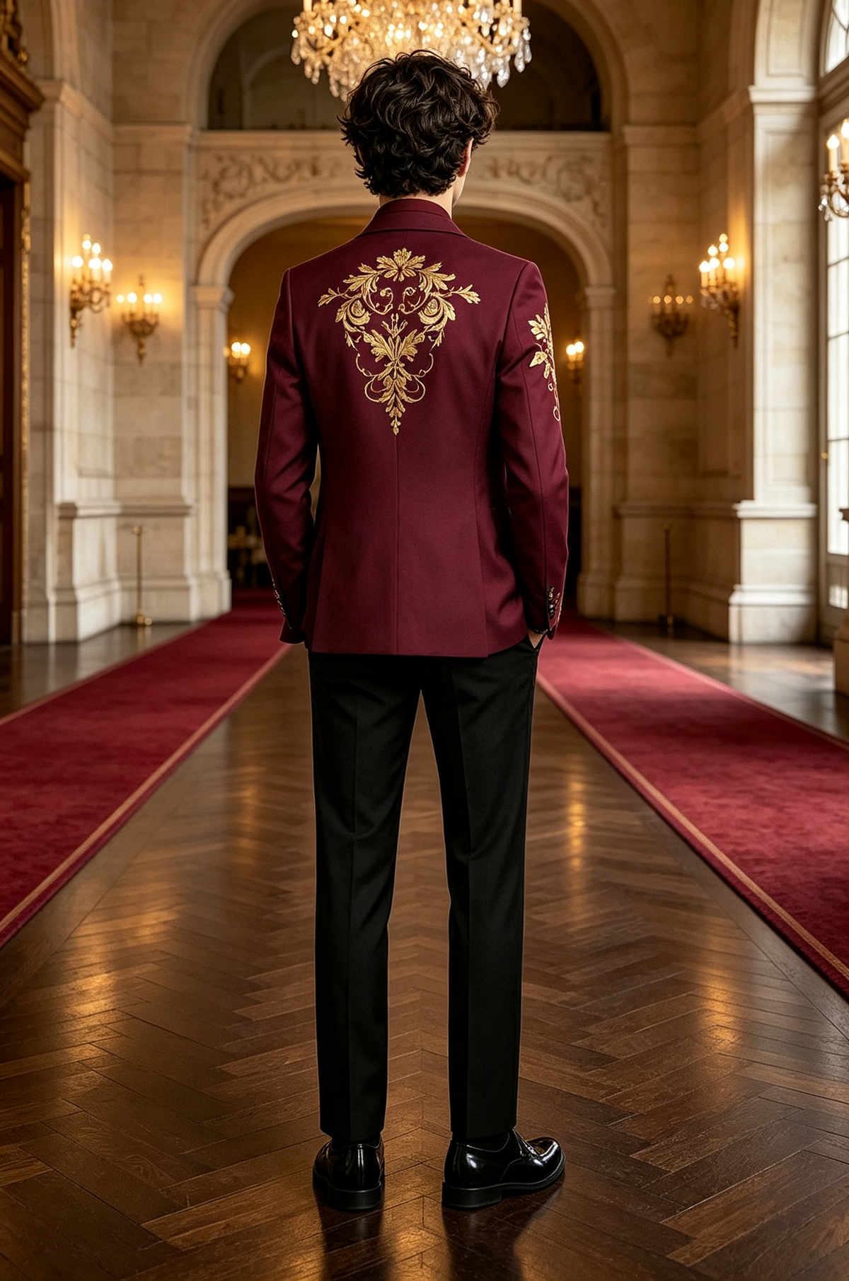 Burgundy & Black Printed Single Breasted 2-Piece Suit Set