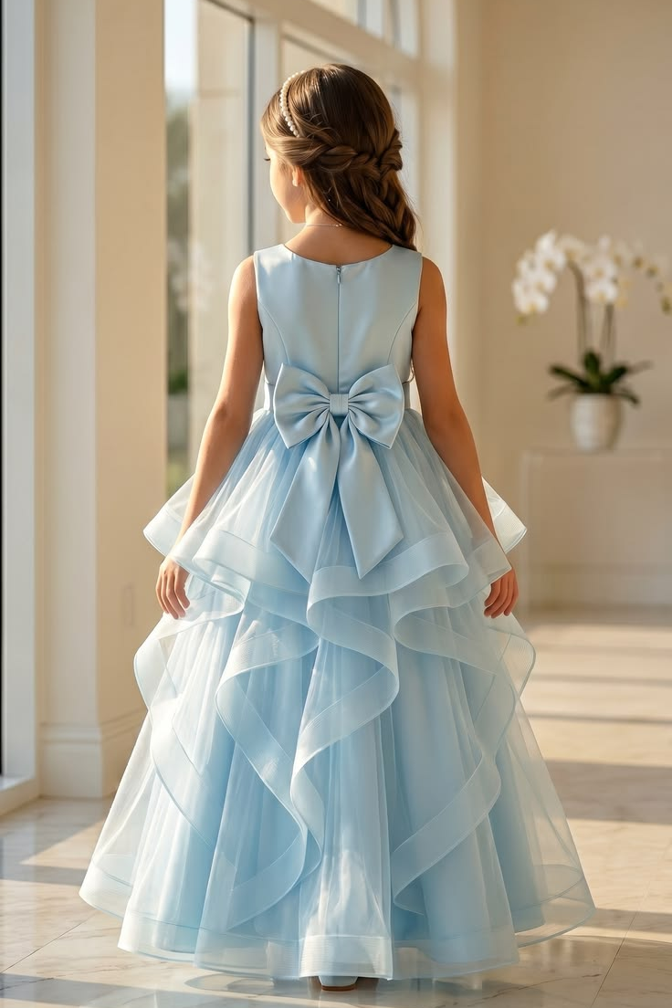 Light Blue Satin Tulle Back Bow A-Line Flower Girl Dress