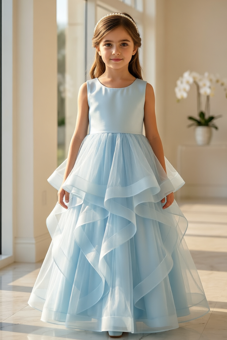 Light Blue Satin Tulle Back Bow A-Line Flower Girl Dress