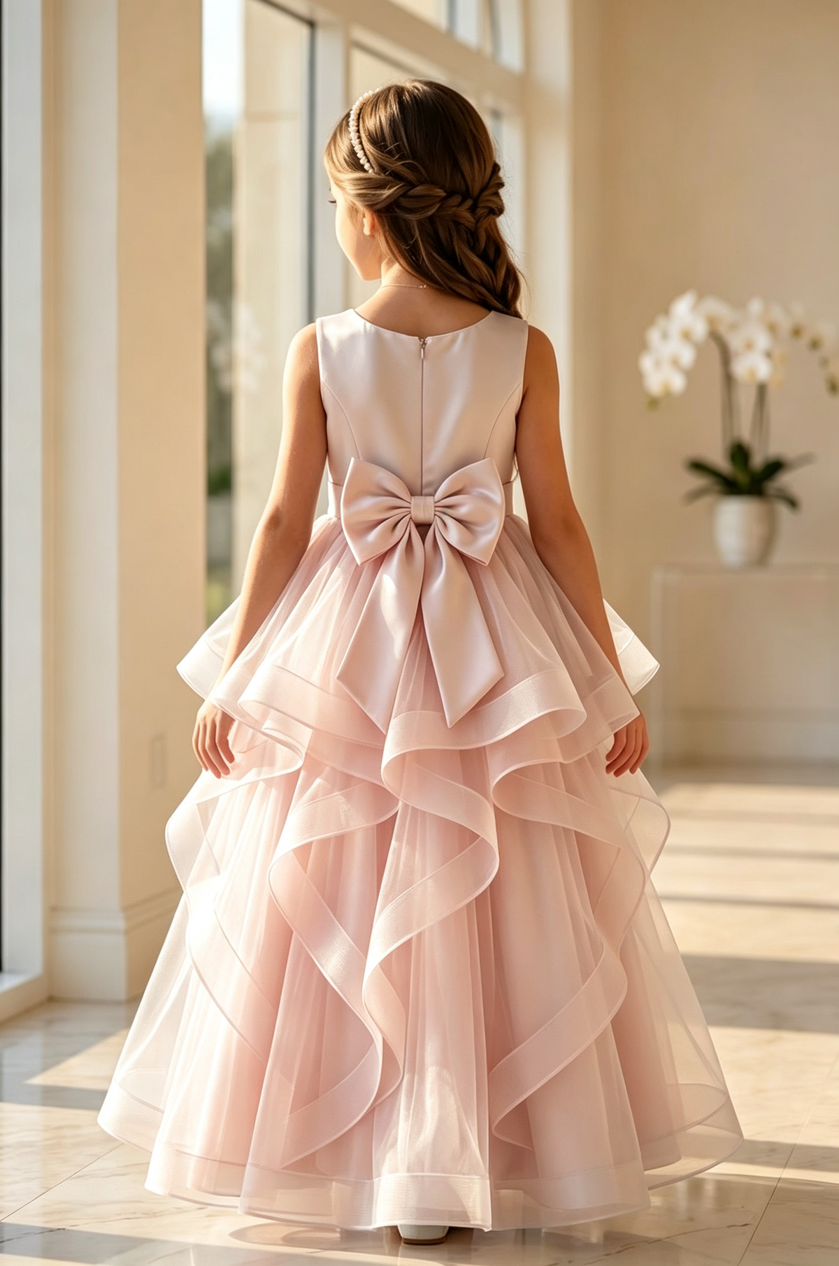 Light Blue Satin Tulle Back Bow A-Line Flower Girl Dress