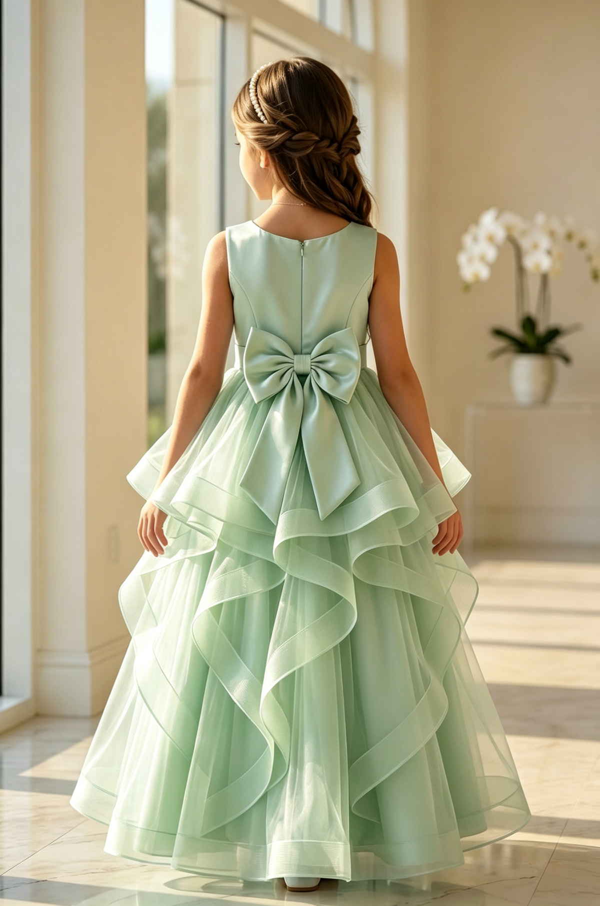 Light Blue Satin Tulle Back Bow A-Line Flower Girl Dress