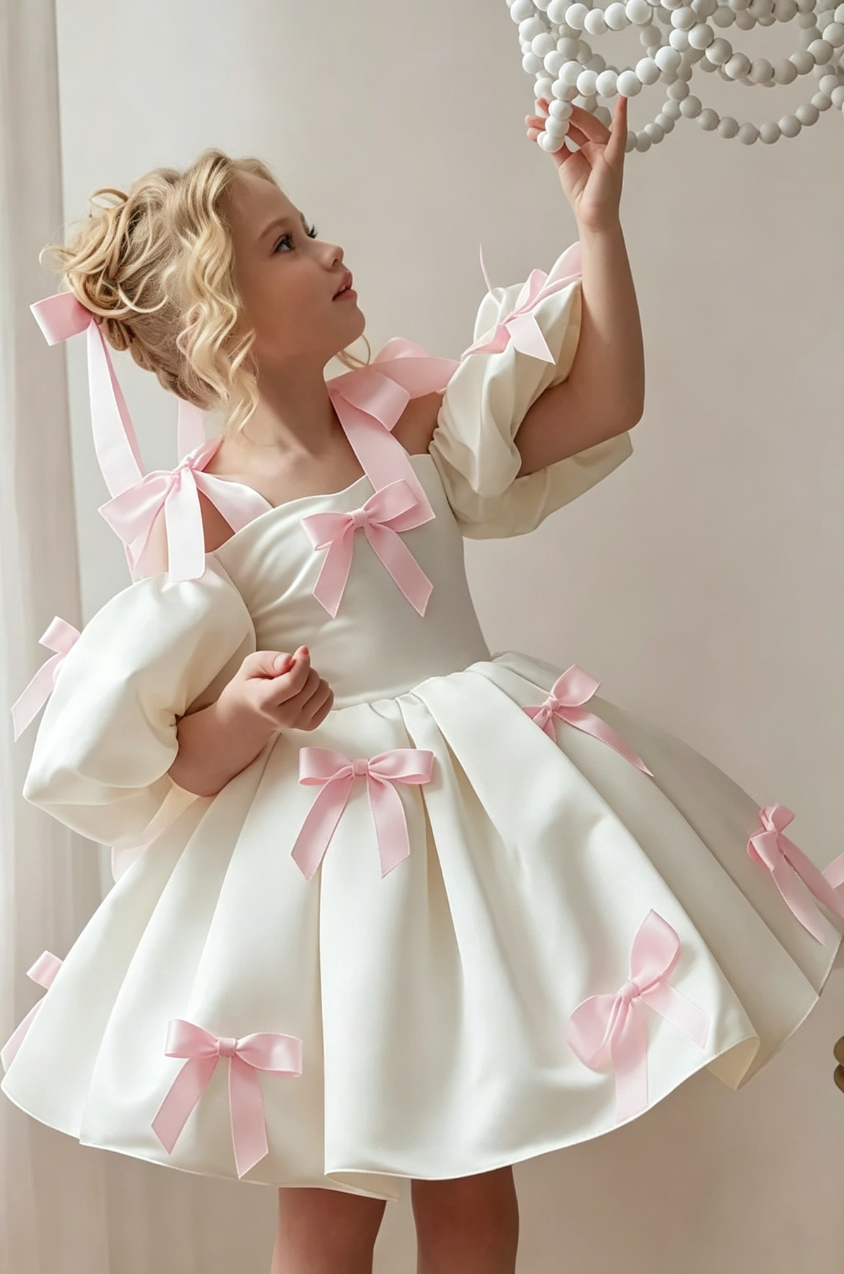 White & Pink Satin Off Shoulder Puff Sleeve A-Line Flower Girl Dress
