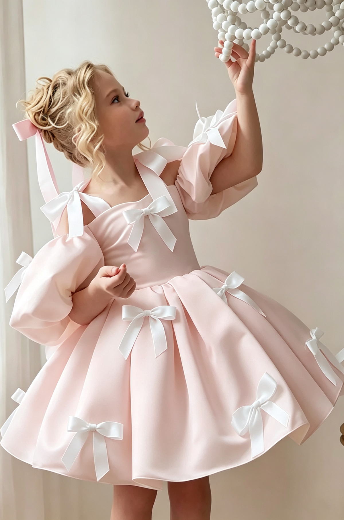 White & Pink Satin Off Shoulder Puff Sleeve A-Line Flower Girl Dress