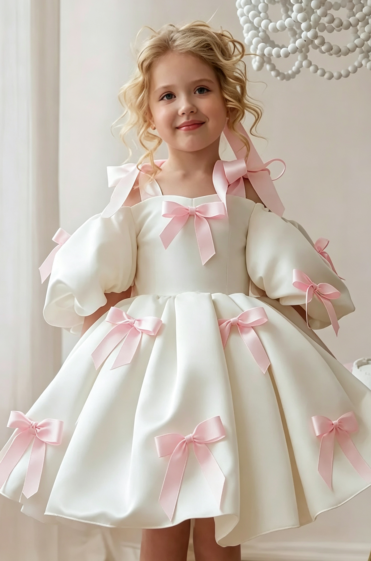 White & Pink Satin Off Shoulder Puff Sleeve A-Line Flower Girl Dress
