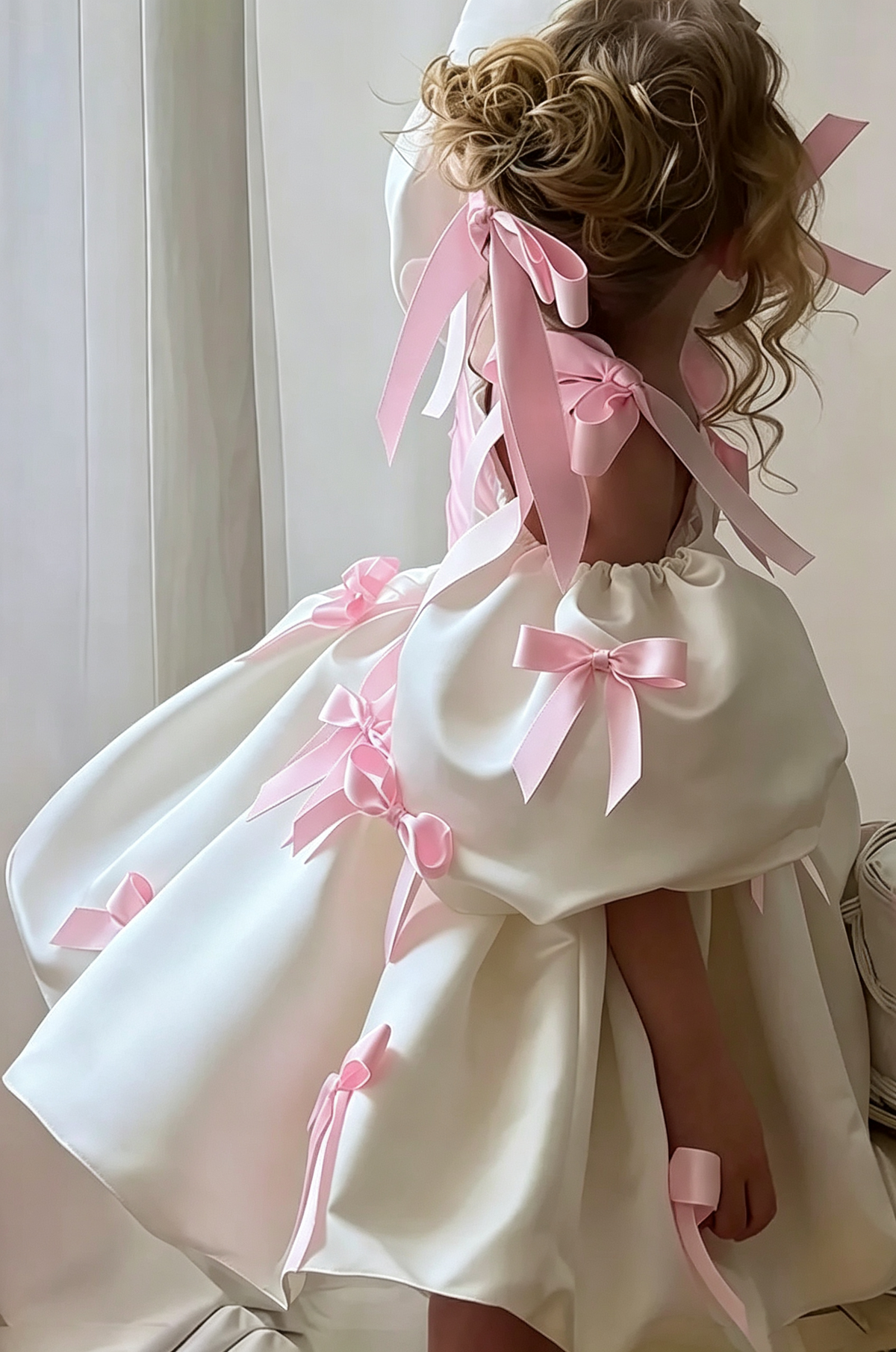 White & Pink Satin Off Shoulder Puff Sleeve A-Line Flower Girl Dress