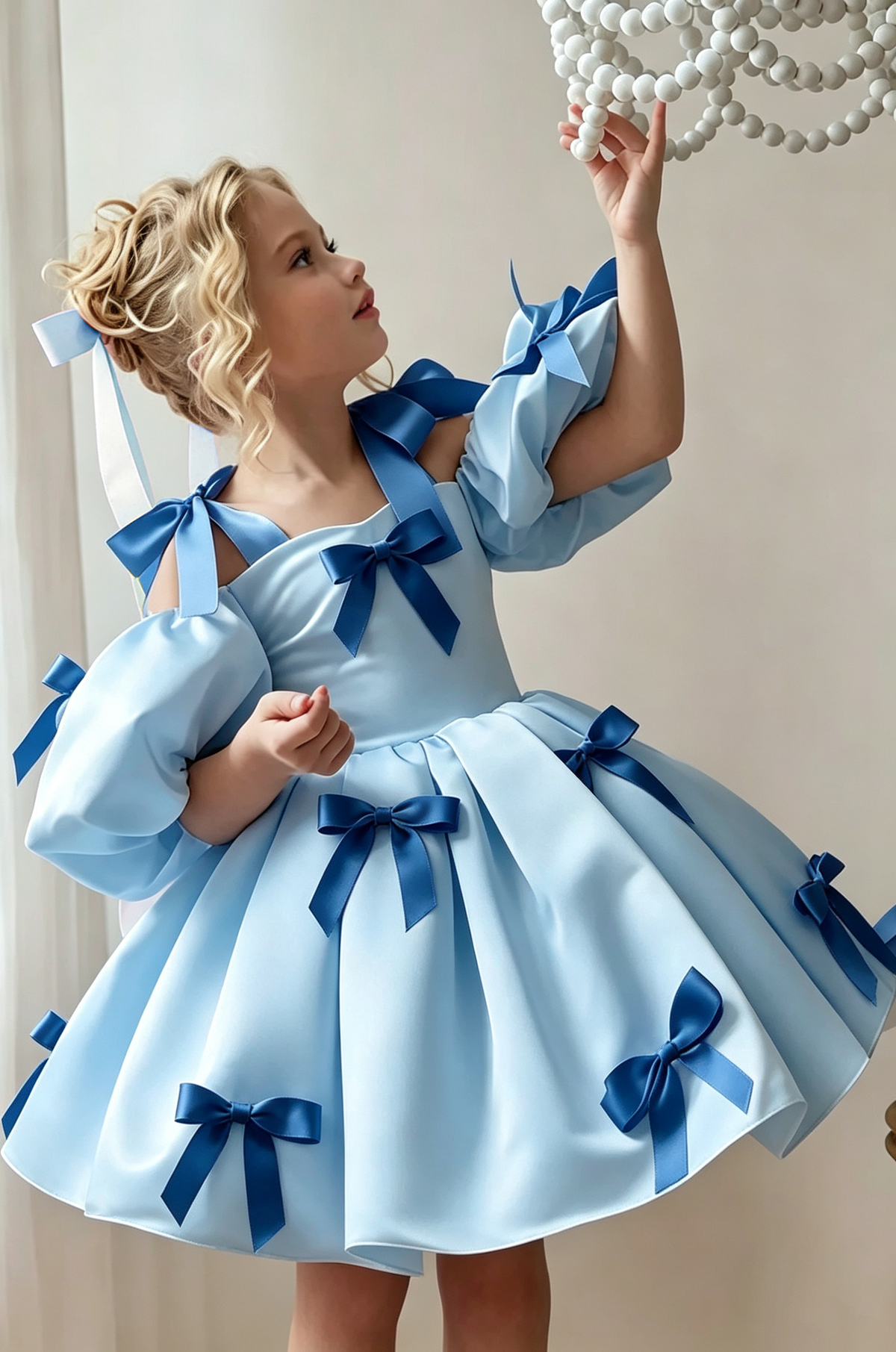 White & Pink Satin Off Shoulder Puff Sleeve A-Line Flower Girl Dress