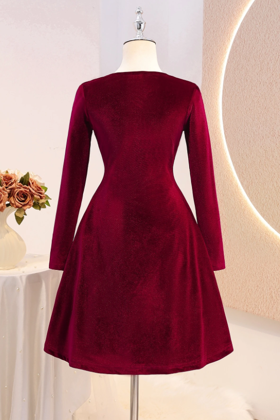 Burgundy Velvet Chest Bow Long Sleeve A-Line Dress