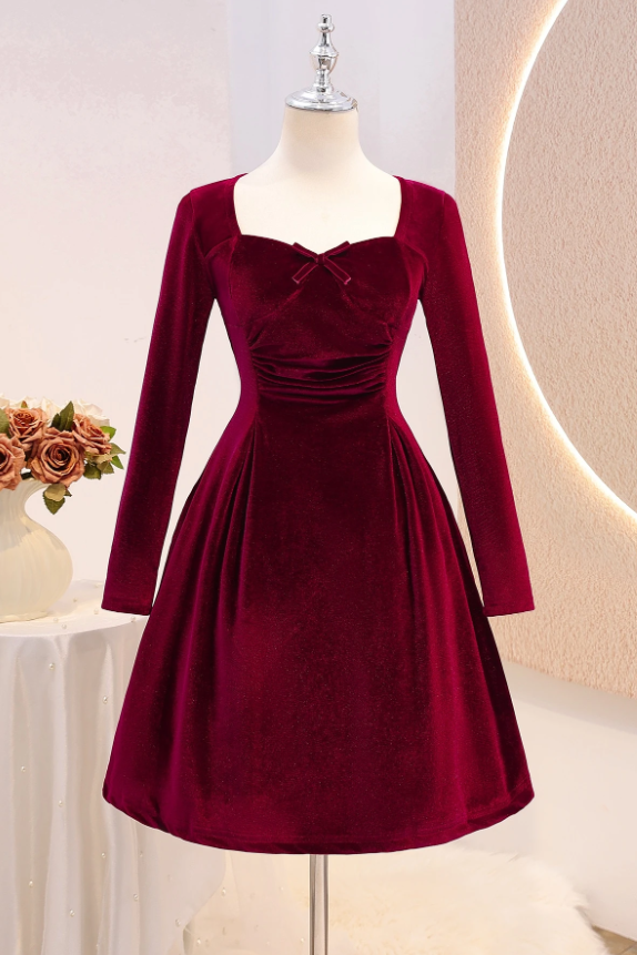 Burgundy Velvet Chest Bow Long Sleeve A-Line Dress