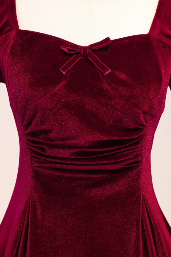 Burgundy Velvet Chest Bow Long Sleeve A-Line Dress