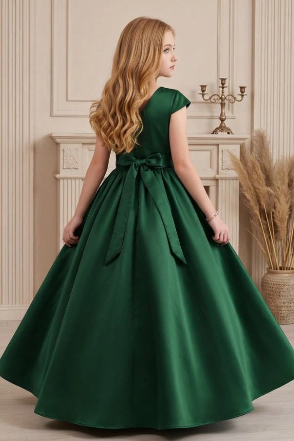 Navy Blue Satin Back Bow Cap Sleeve A-Line Flower Girl Dress