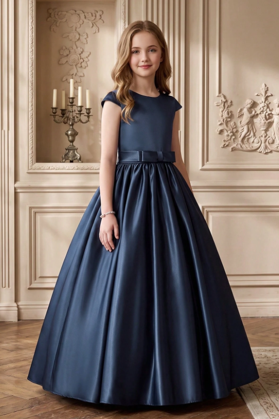 Navy Blue Satin Back Bow Cap Sleeve A-Line Flower Girl Dress