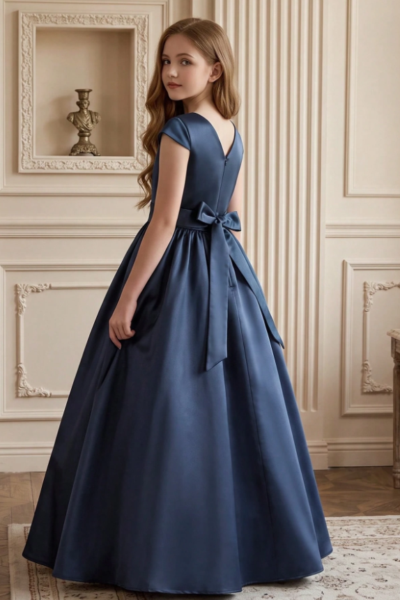 Navy Blue Satin Back Bow Cap Sleeve A-Line Flower Girl Dress