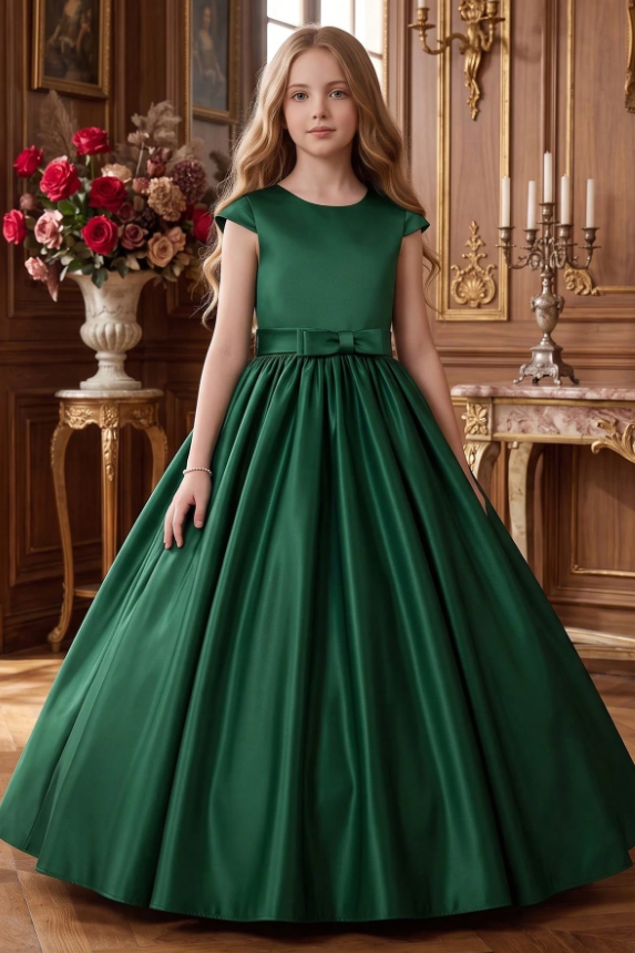 Navy Blue Satin Back Bow Cap Sleeve A-Line Flower Girl Dress