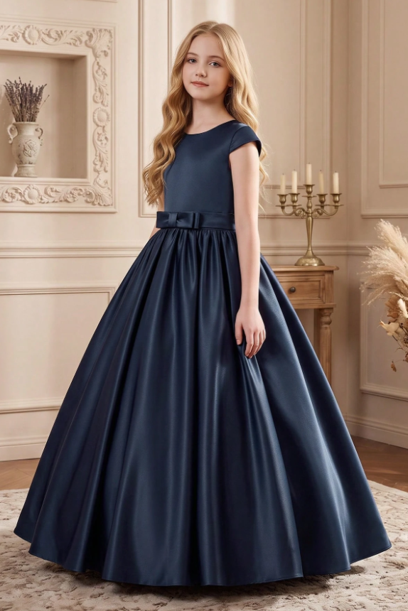 Navy Blue Satin Back Bow Cap Sleeve A-Line Flower Girl Dress
