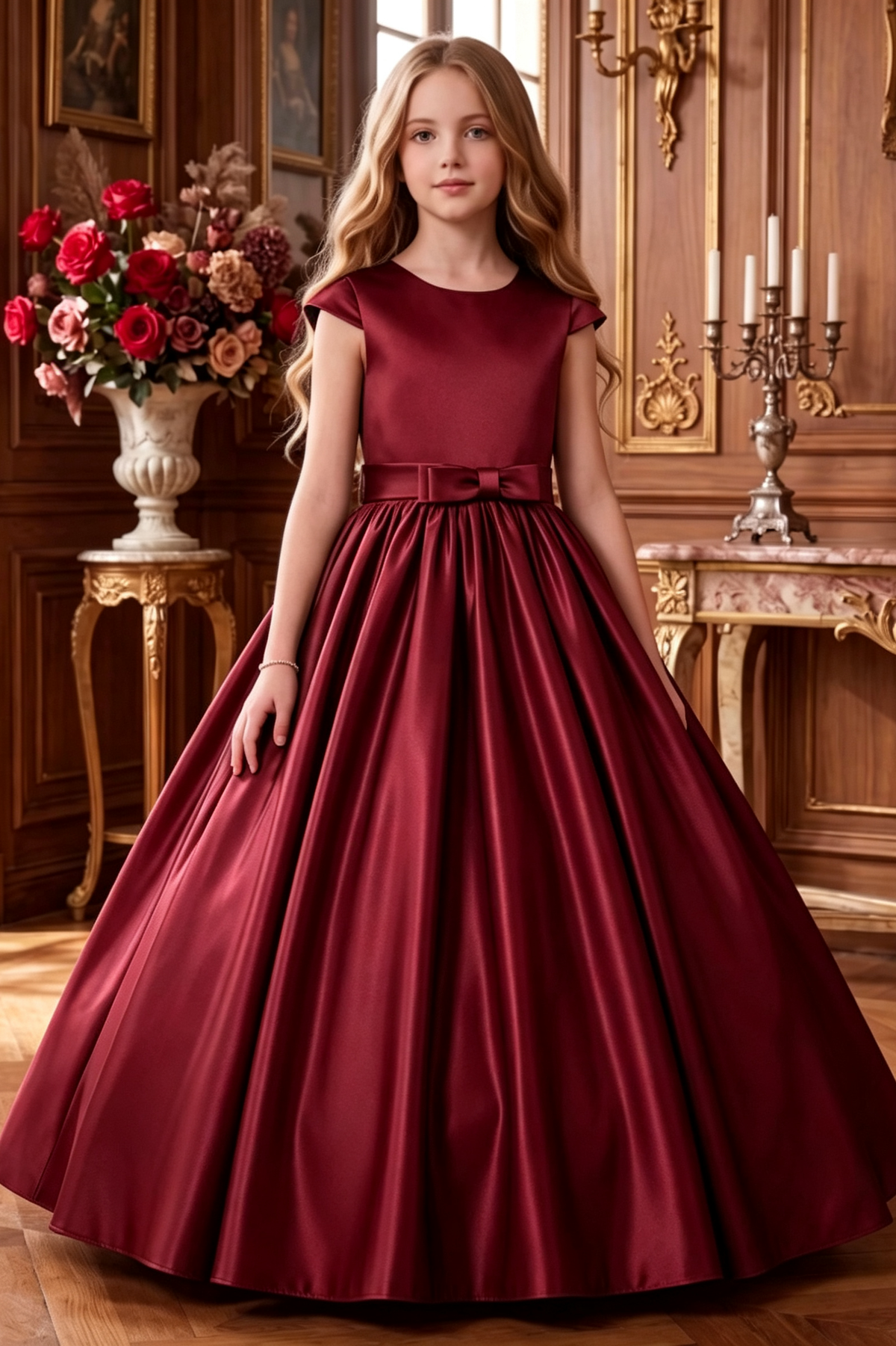 Navy Blue Satin Back Bow Cap Sleeve A-Line Flower Girl Dress