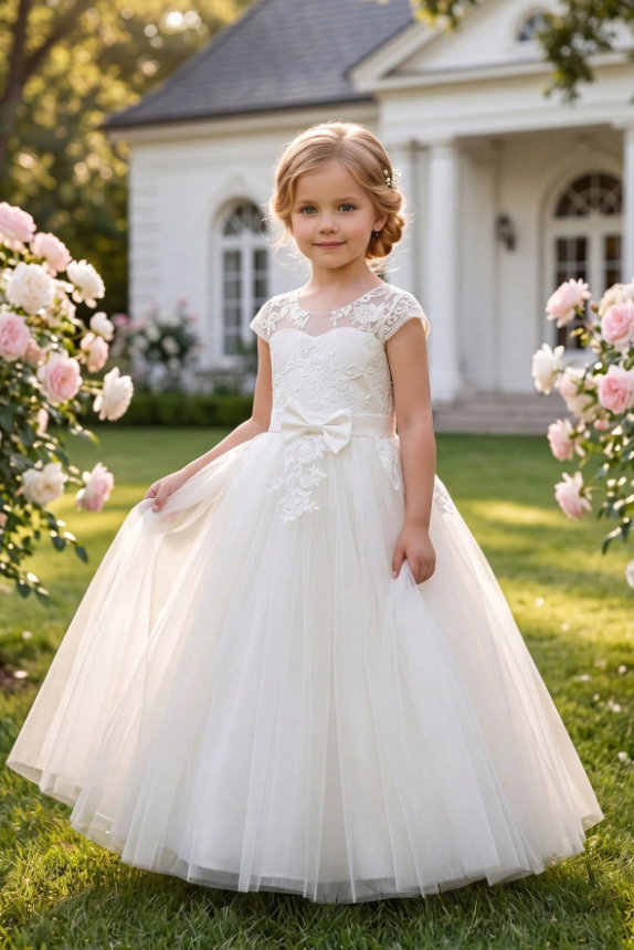 White Lace Tulle Cap Sleeve Satin Bow A-Line Dress