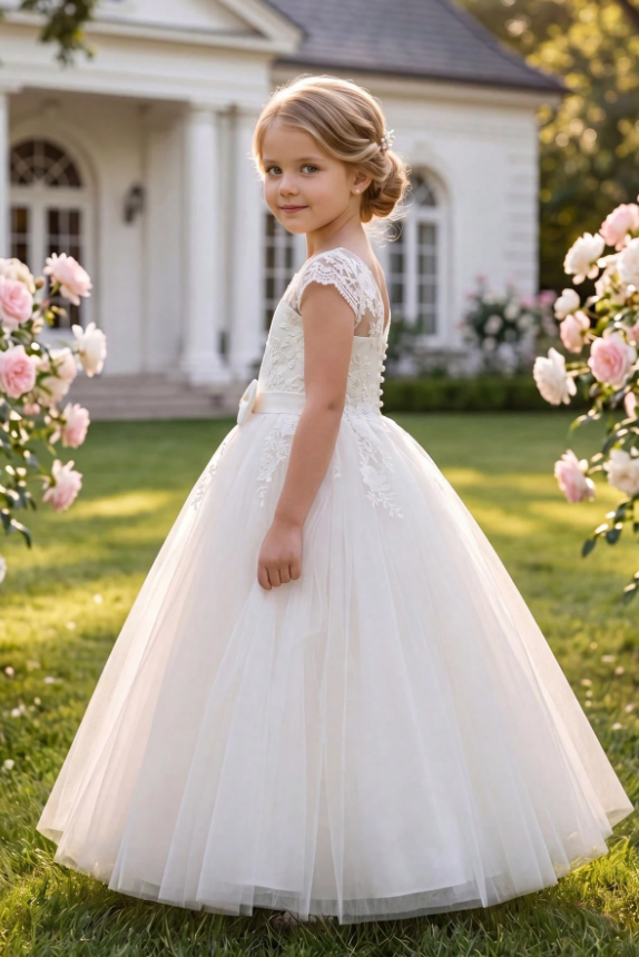 White Lace Tulle Cap Sleeve Satin Bow A-Line Dress