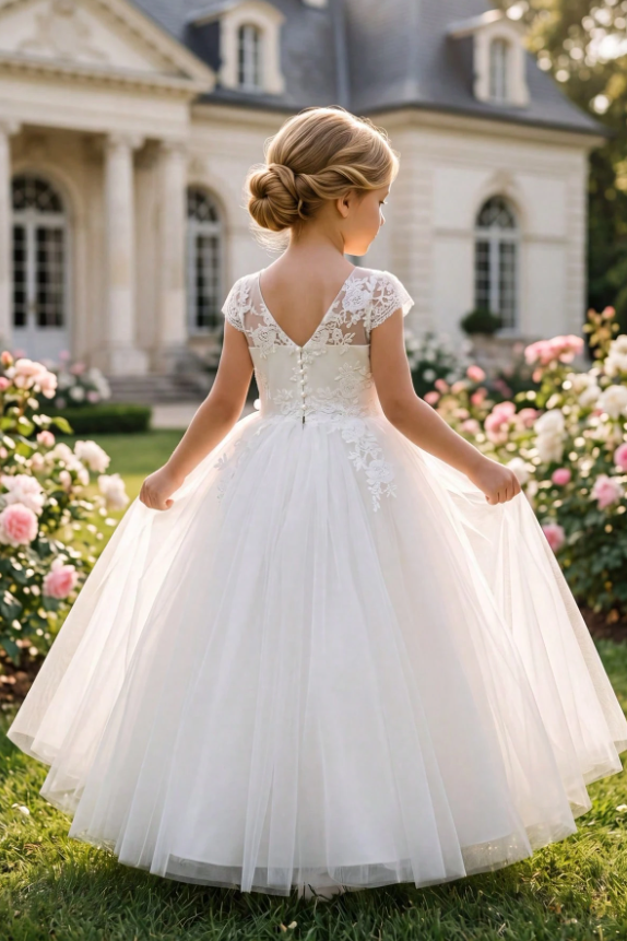 White Lace Tulle Cap Sleeve Satin Bow A-Line Dress