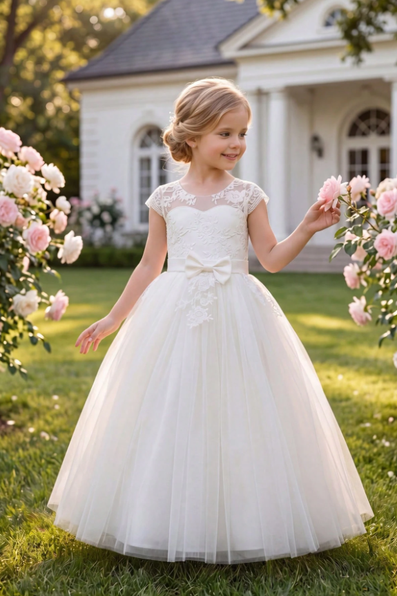 White Lace Tulle Cap Sleeve Satin Bow A-Line Dress
