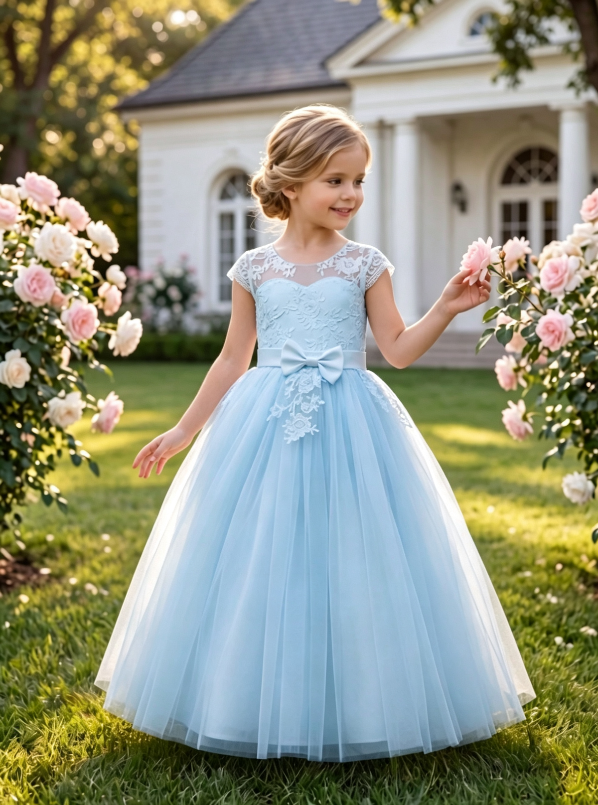 White Lace Tulle Cap Sleeve Satin Bow A-Line Dress