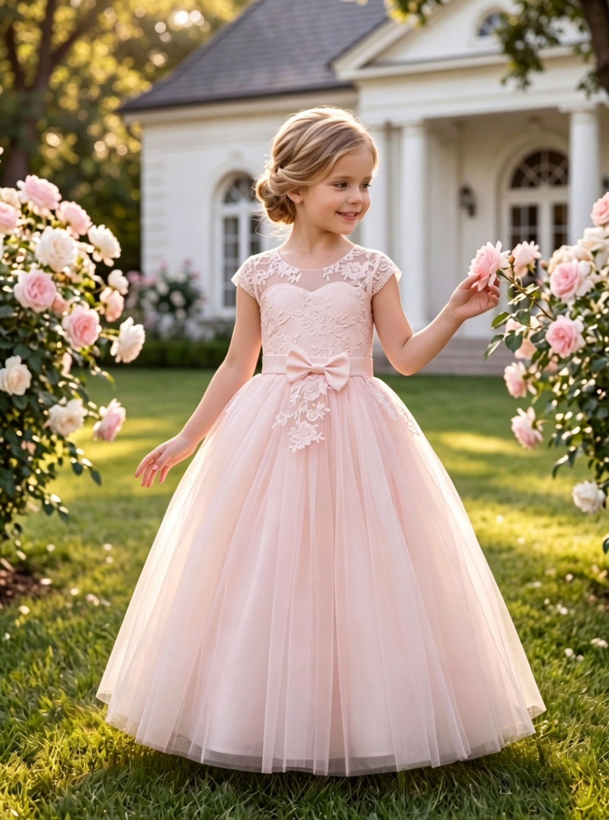 White Lace Tulle Cap Sleeve Satin Bow A-Line Dress