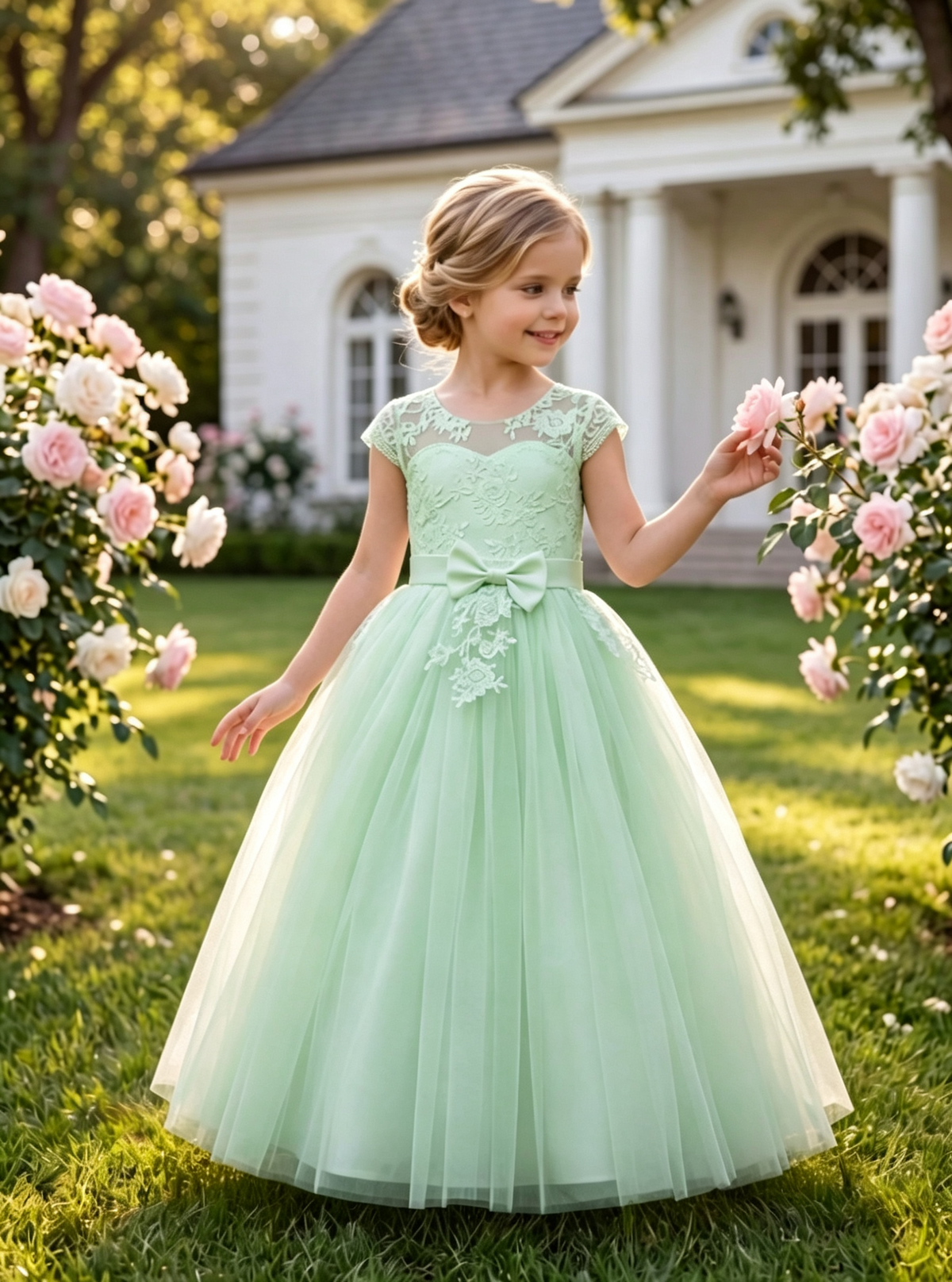 White Lace Tulle Cap Sleeve Satin Bow A-Line Dress
