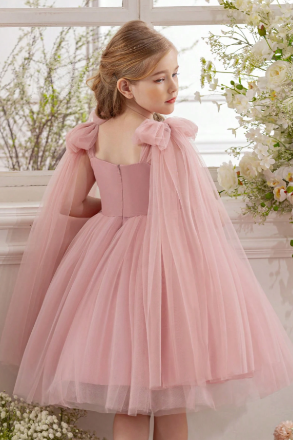 Pink Tulle Bow Tulle Cape Sleeves Satin A-Line Dress