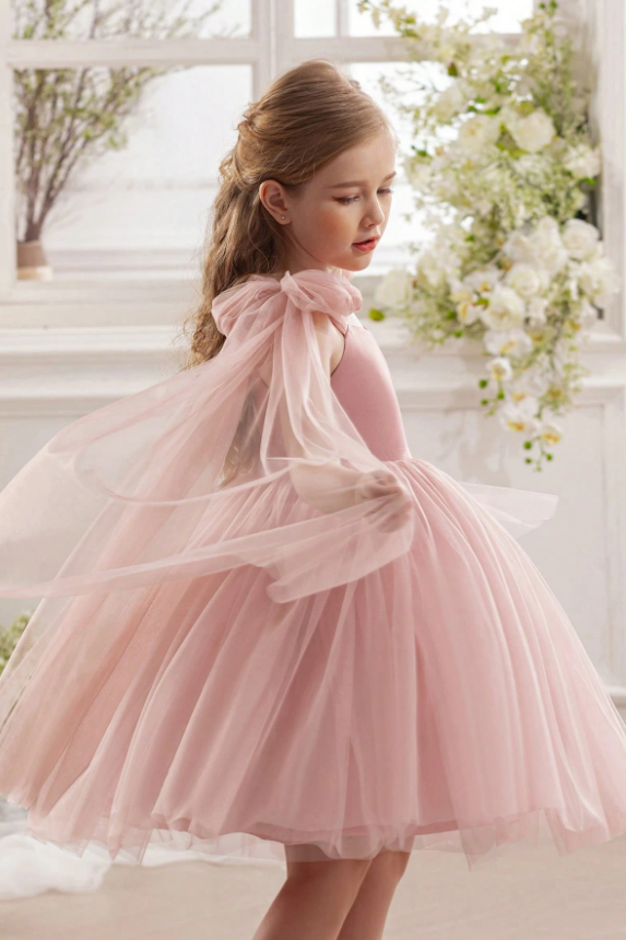 Pink Tulle Bow Tulle Cape Sleeves Satin A-Line Dress
