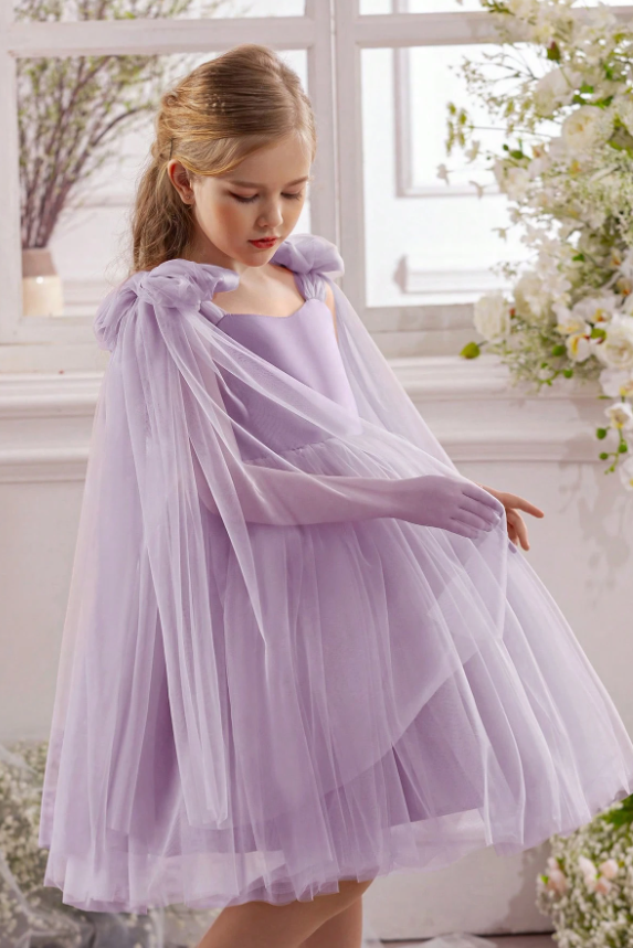 Pink Tulle Bow Tulle Cape Sleeves Satin A-Line Dress