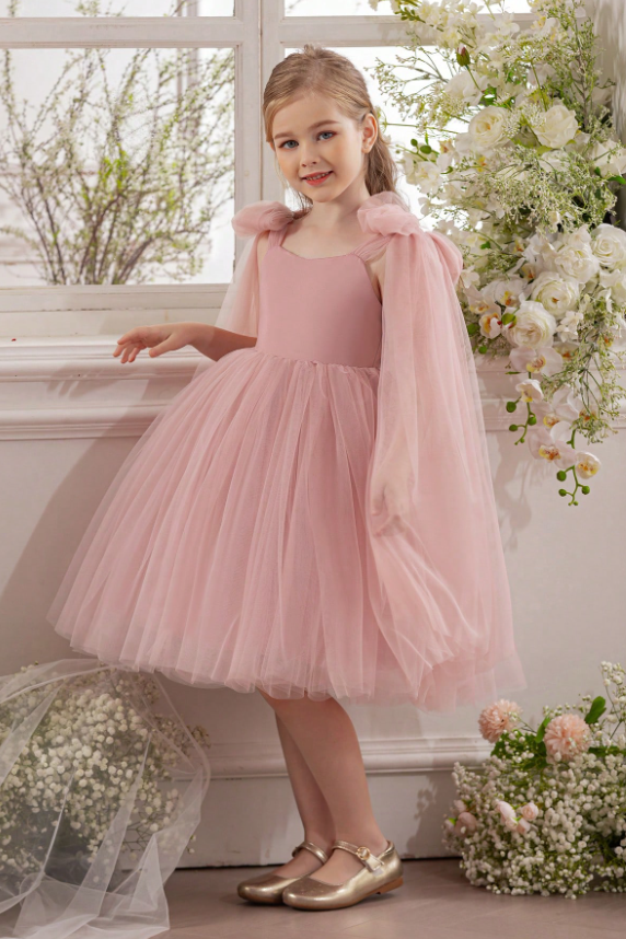 Pink Tulle Bow Tulle Cape Sleeves Satin A-Line Dress