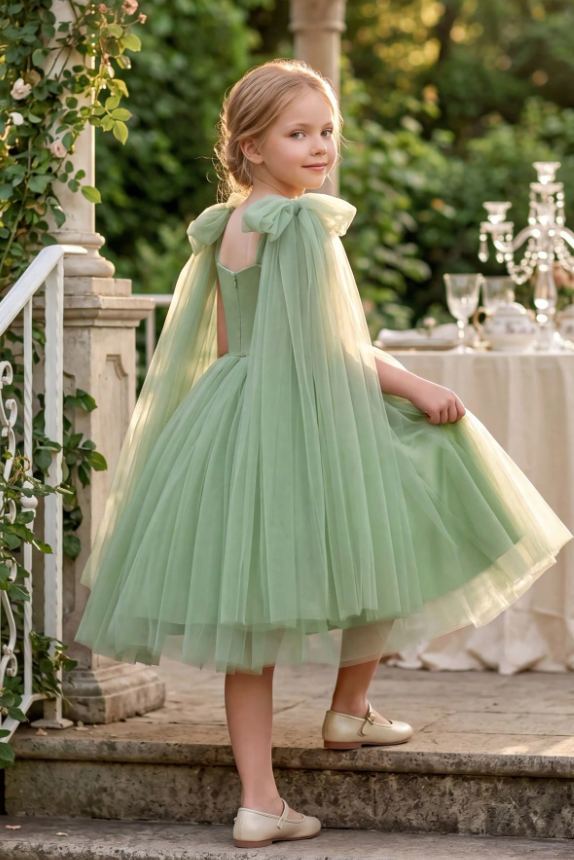 Pink Tulle Bow Tulle Cape Sleeves Satin A-Line Dress