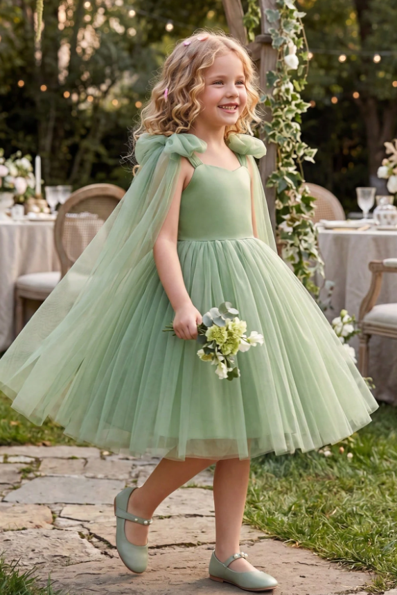 Pink Tulle Bow Tulle Cape Sleeves Satin A-Line Dress