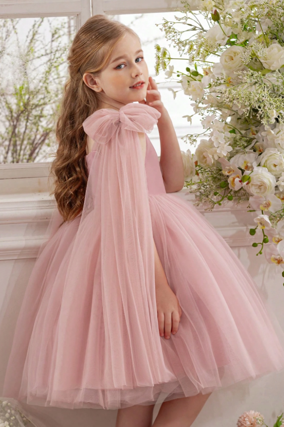 Pink Tulle Bow Tulle Cape Sleeves Satin A-Line Dress