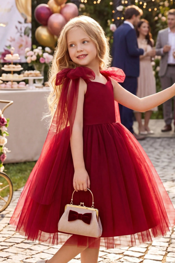 Pink Tulle Bow Tulle Cape Sleeves Satin A-Line Dress