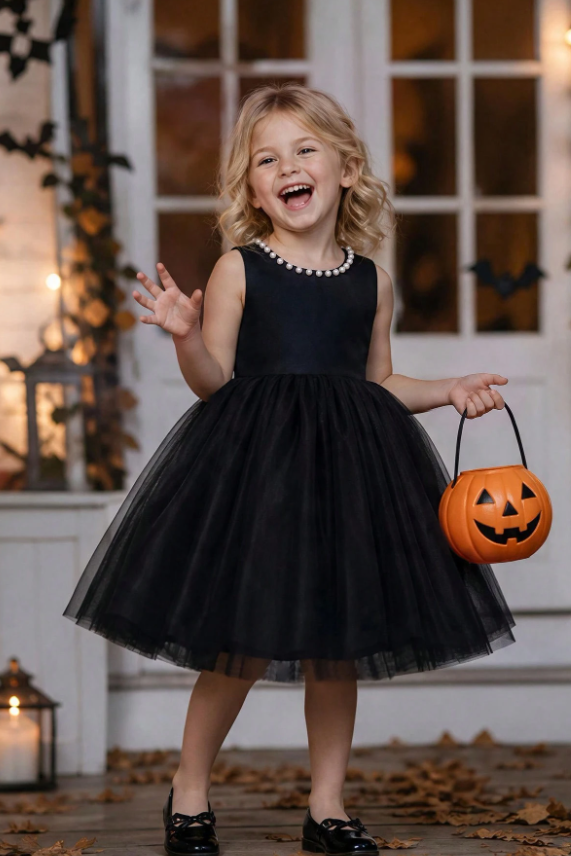 Black Pearl Trim Satin Back Bow Tulle A-Line Flower Girl Dress