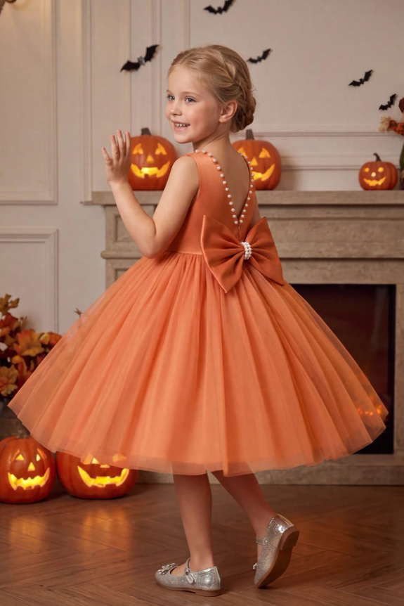 Black Pearl Trim Satin Back Bow Tulle A-Line Flower Girl Dress
