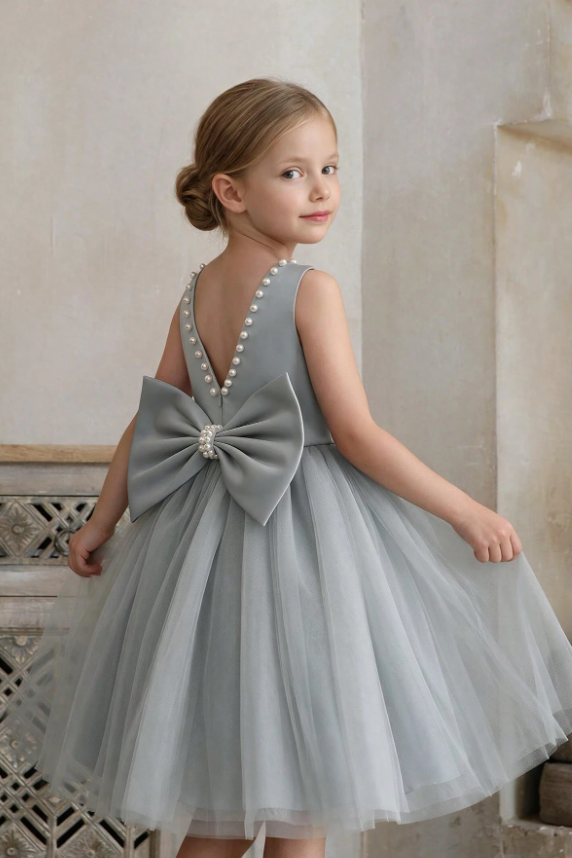Black Pearl Trim Satin Back Bow Tulle A-Line Flower Girl Dress